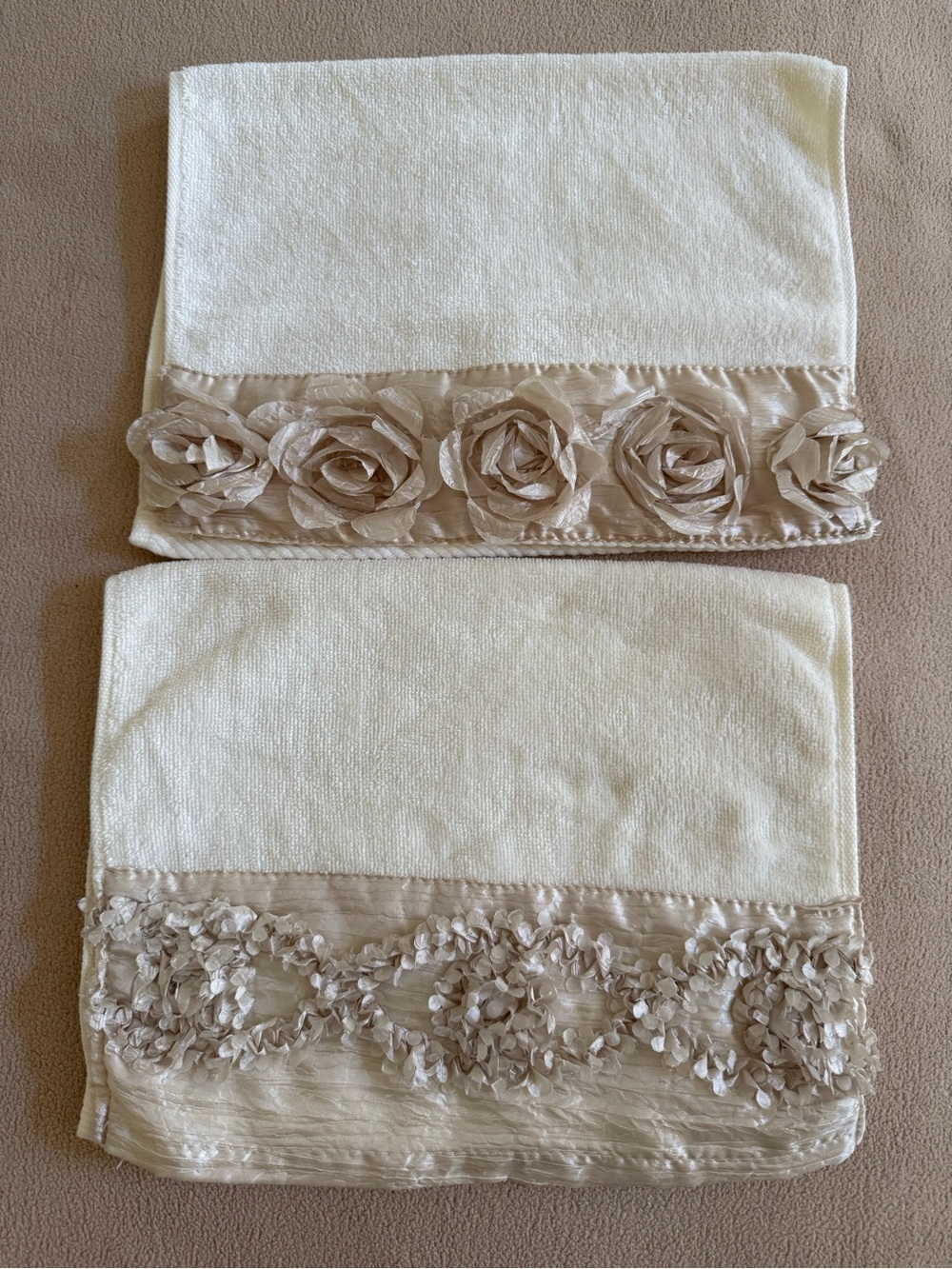 Croscill Home Ivory Hand Towels Set of 2 3D Rose Rosettes Embellished Shabby